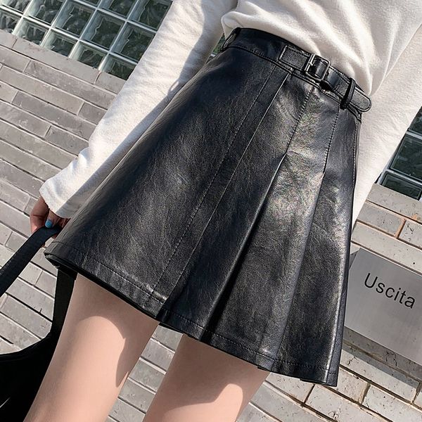 women black pu leather skirt autumn fashion high-waist a-line pleated short skirts preppy style belt mini flared skirts
women black pu leather skirt autumn fashion high-waist a-line pleated short skirts preppy style belt mini flared skirts