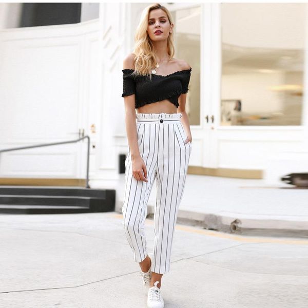 women's pants & capris high waist slim striped pencil trouser women clothing lady harem, Black;white
women's pants & capris high waist slim striped pencil trouser women clothing lady harem, Black;white