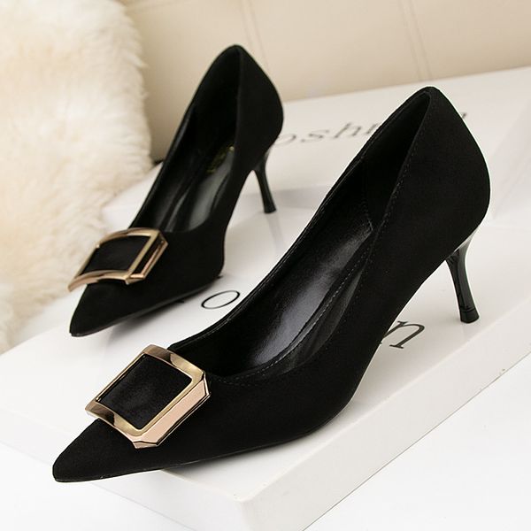 121-6 korean style stylish womens shoes stiletto suede shallow mouth pointed-toe metal square buckle slimming high heel pumps women, Black
121-6 korean style stylish womens shoes stiletto suede shallow mouth pointed-toe metal square buckle slimming high heel pumps women, Black