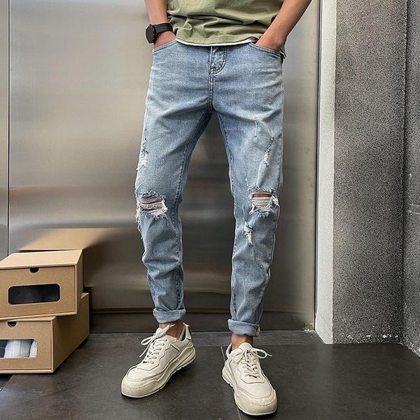 men's jeans fashion 2021 ripped trendy brand thin summer casual feet cropped trousers koreanscratched light-colored beggar pants, Blue
men's jeans fashion 2021 ripped trendy brand thin summer casual feet cropped trousers koreanscratched light-colored beggar pants, Blue