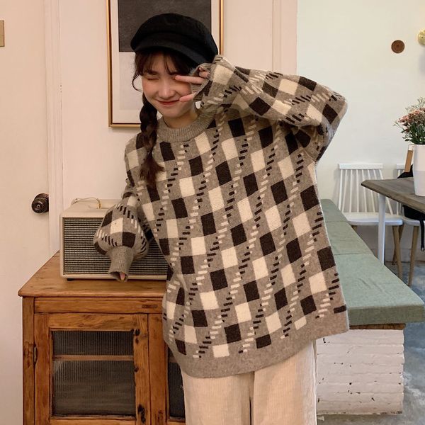 2021 autumn college style new loose retro plaid jacquard contrast color round neck pullover long sleeves 7pqz, White;black
2021 autumn college style new loose retro plaid jacquard contrast color round neck pullover long sleeves 7pqz, White;black