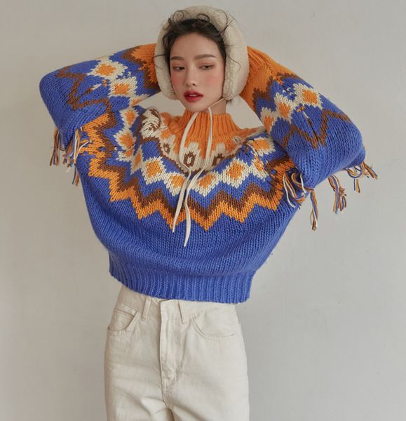 2021 new autumn and winter korean retro color contrast print tassel pullover turtleneck full sweaters for women hxb9, White;black
2021 new autumn and winter korean retro color contrast print tassel pullover turtleneck full sweaters for women hxb9, White;black