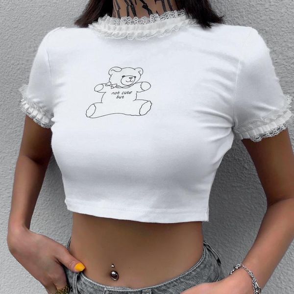 women's t-shirt round neck short-sleeved lace cute bear print cropped slim white
women's t-shirt round neck short-sleeved lace cute bear print cropped slim white