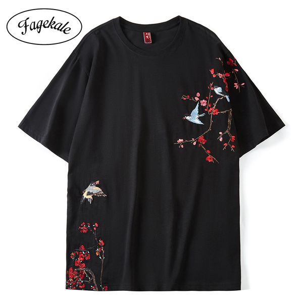 retro loose national tide t-shirt plum magpie embroidered short-sleeved t-shirt men's couple summer half-sleeved short-sleeved. 210225, White;black 
retro loose national tide t-shirt plum magpie embroidered short-sleeved t-shirt men's couple summer half-sleeved short-sleeved. 210225, White;black