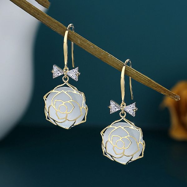 cut out rose earrings, women's tassels, light and luxurious hooks, simple opal earrings in, Golden