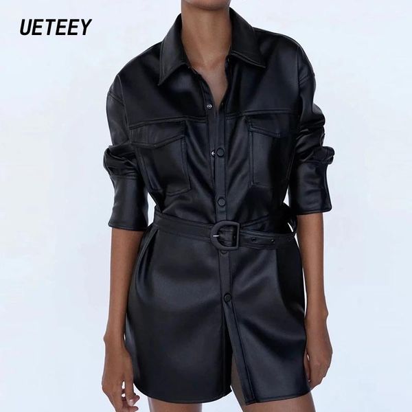 women's blouses & shirts black pu dresses 2021 autumn faux leather dress jacket coat elegant robes with belt loose female long sleeve, White
women's blouses & shirts black pu dresses 2021 autumn faux leather dress jacket coat elegant robes with belt loose female long sleeve, White