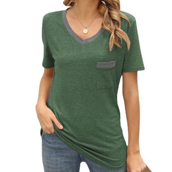 women's t-shirt spring and summer color contrast pocket v-neck short sleeve tshirt soild swallow tail top, White
women's t-shirt spring and summer color contrast pocket v-neck short sleeve tshirt soild swallow tail top, White