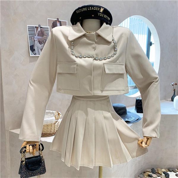 two piece dress women's clothing 2021 autumn niche diamond-studded suit jacket, high waist pleated skirt two-piece, White
two piece dress women's clothing 2021 autumn niche diamond-studded suit jacket, high waist pleated skirt two-piece, White