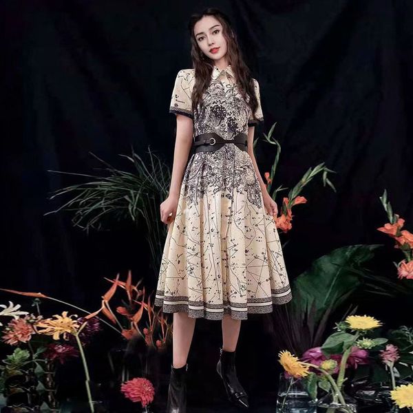 european runway women summer vintage elegant turn-down short sleeve printed midi vestido de mujer x3da, Black;gray 
european runway women summer vintage elegant turn-down short sleeve printed midi vestido de mujer x3da, Black;gray