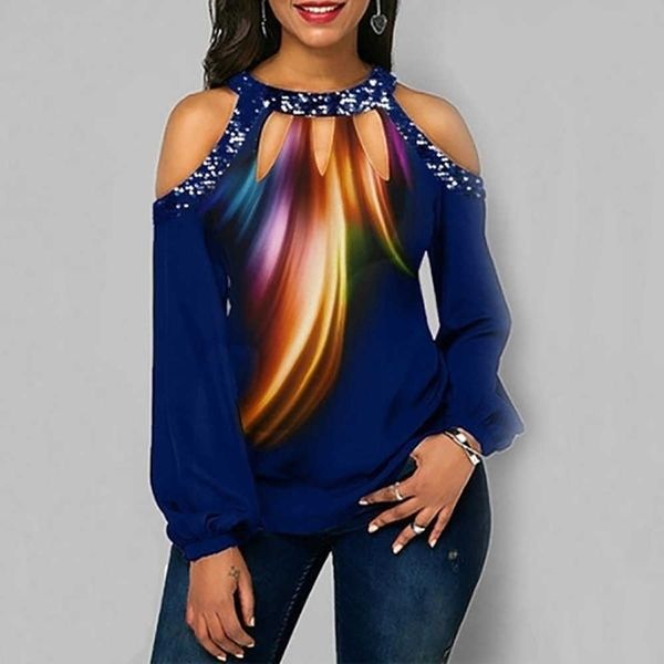 women's large sequin stitching feather print off shoulder long sleeve t-shirt for women, White
women's large sequin stitching feather print off shoulder long sleeve t-shirt for women, White