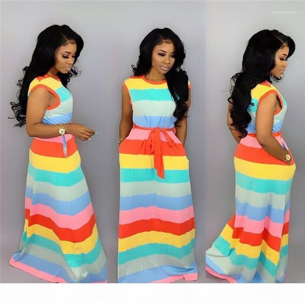 with sashes women rainbow striped dress fashion designer short sleeve women color pabnelled dresses summer long dress, Black;gray
with sashes women rainbow striped dress fashion designer short sleeve women color pabnelled dresses summer long dress, Black;gray