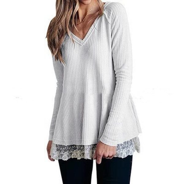 women's t-shirt autumn and winter long-sleeved shirt v-neck waffle lace women, White
women's t-shirt autumn and winter long-sleeved shirt v-neck waffle lace women, White