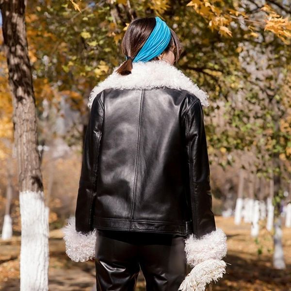 women's leather & faux fashionable winter warm thick real coat short motorcycle double button wool collar, Black
women's leather & faux fashionable winter warm thick real coat short motorcycle double button wool collar, Black