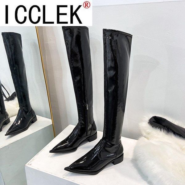 boots female women zipper over the knee flats shoes long thigh high, Black