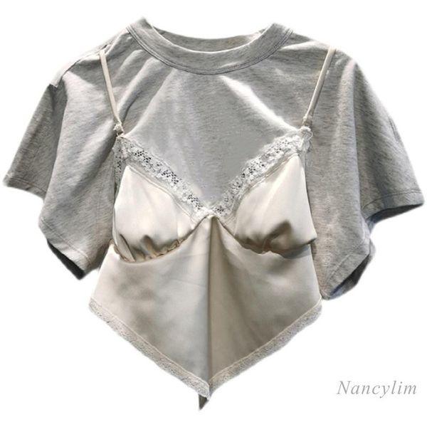 women's t-shirt summer grey t shirt women 2021 design lace strap stitching cropped short sleeve tee all-match lady clothing, White
women's t-shirt summer grey t shirt women 2021 design lace strap stitching cropped short sleeve tee all-match lady clothing, White