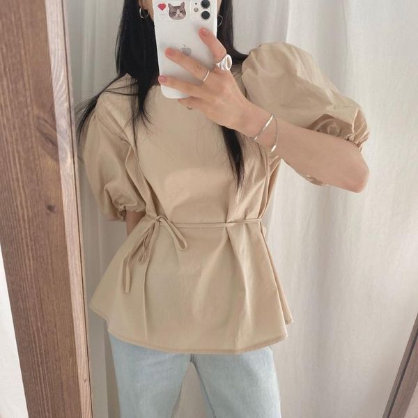 women's blouses & shirts summer temperament round neck puff sleeve cotton tie shirt short belt blouse female, White
women's blouses & shirts summer temperament round neck puff sleeve cotton tie shirt short belt blouse female, White