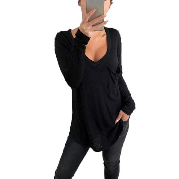 women's t-shirt spring autumn women long sleeve t-shirts with pocket female solid color loose casual, White
women's t-shirt spring autumn women long sleeve t-shirts with pocket female solid color loose casual, White