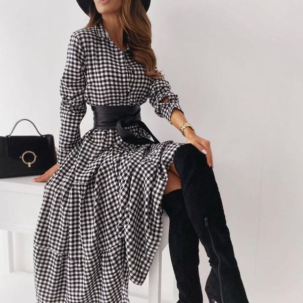 casual dresses women vintage plaid print long sleeve ruffle dress elegant turn-down collar sashes party autumn female button, Black;gray
casual dresses women vintage plaid print long sleeve ruffle dress elegant turn-down collar sashes party autumn female button, Black;gray