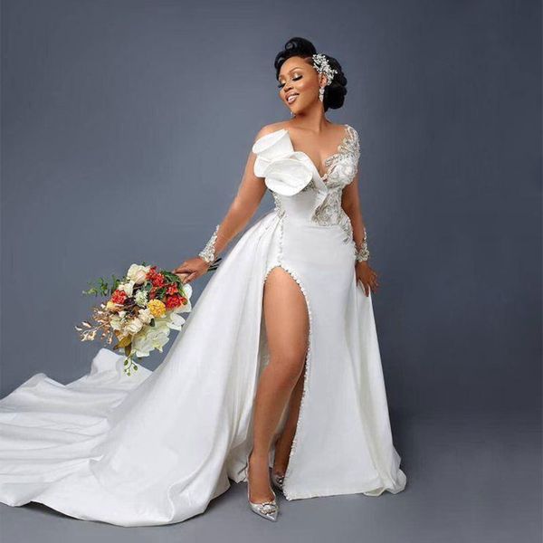 gorgeous mermaid wedding dresses beaded plunging neck plus size bridal gowns with detachable train appliqued side split vestido de novia, White
gorgeous mermaid wedding dresses beaded plunging neck plus size bridal gowns with detachable train appliqued side split vestido de novia, White