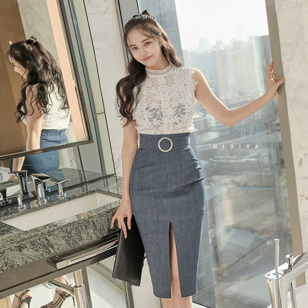 2 pieces set women summer sleeveless lace shirts and high waist split sheath pencil skirts lady skirt suit 210529, White
2 pieces set women summer sleeveless lace shirts and high waist split sheath pencil skirts lady skirt suit 210529, White