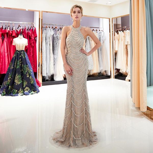party dresses 2021 halter grey evening dress luxury heavy beaded long formal ladies prom women, White;black
party dresses 2021 halter grey evening dress luxury heavy beaded long formal ladies prom women, White;black
