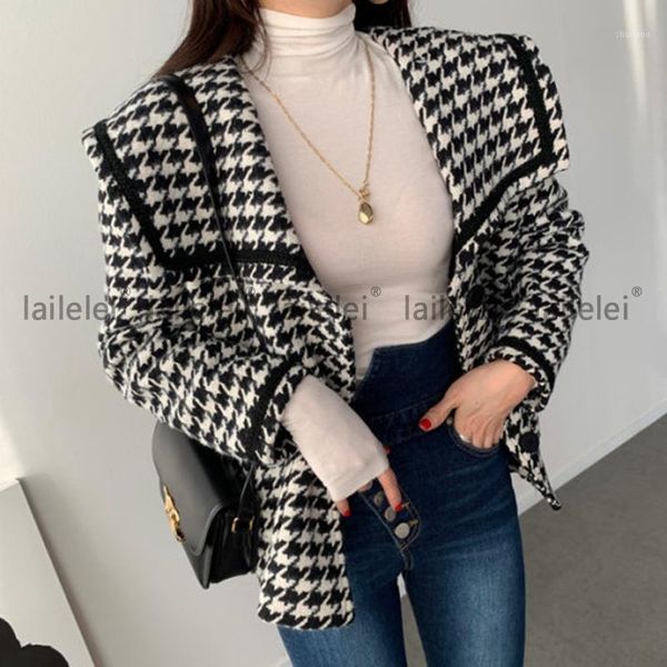 women's wool & blends chic retro navy collar short overcoat woollen cloak plover grid, Black
women's wool & blends chic retro navy collar short overcoat woollen cloak plover grid, Black