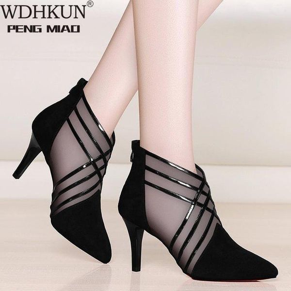 

dress shoes fashion mesh lace crossed stripe women ladies casual pointed toe high stilettos heels pumps feminine mujer sandals, Black
