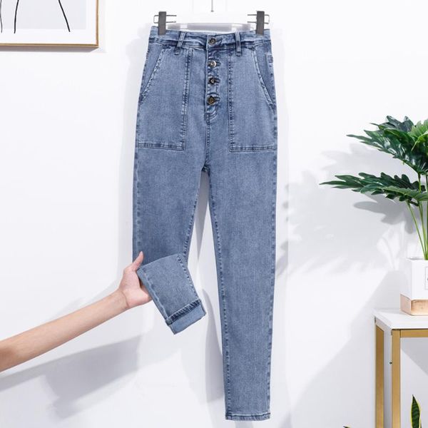 women's jeans elegant breasted women with pockets high waist ankle length straight skinny trousers female casual denim pants, Blue
women's jeans elegant breasted women with pockets high waist ankle length straight skinny trousers female casual denim pants, Blue