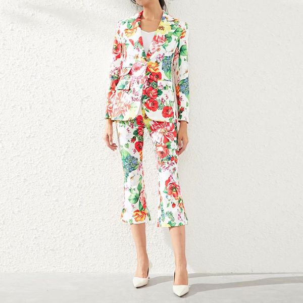 women's two piece pants designer autumn flower print long sleeve suit slim casual cropped trousers elegant fashion sets, White
women's two piece pants designer autumn flower print long sleeve suit slim casual cropped trousers elegant fashion sets, White