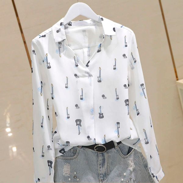 2021 new autumn long sleeve guitar print chiffon shirt ol temperament korean version base coat female, White
2021 new autumn long sleeve guitar print chiffon shirt ol temperament korean version base coat female, White
