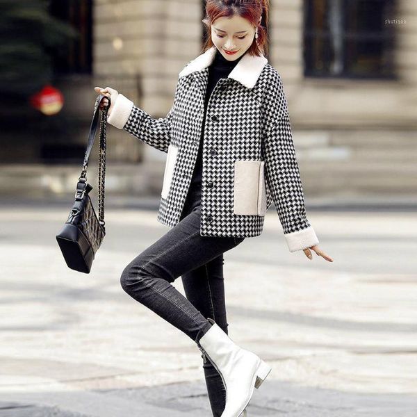 women plaid woolen jacket short houndstooth coat women's wool & blends, Black
women plaid woolen jacket short houndstooth coat women's wool & blends, Black