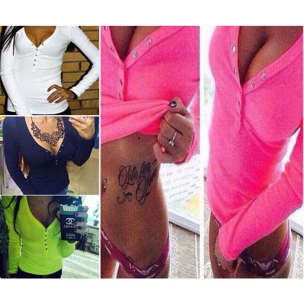 women's t-shirt women long sleeve button deep v neck see-through t-shirts slim solid color tee evening party clubwear, White
women's t-shirt women long sleeve button deep v neck see-through t-shirts slim solid color tee evening party clubwear, White