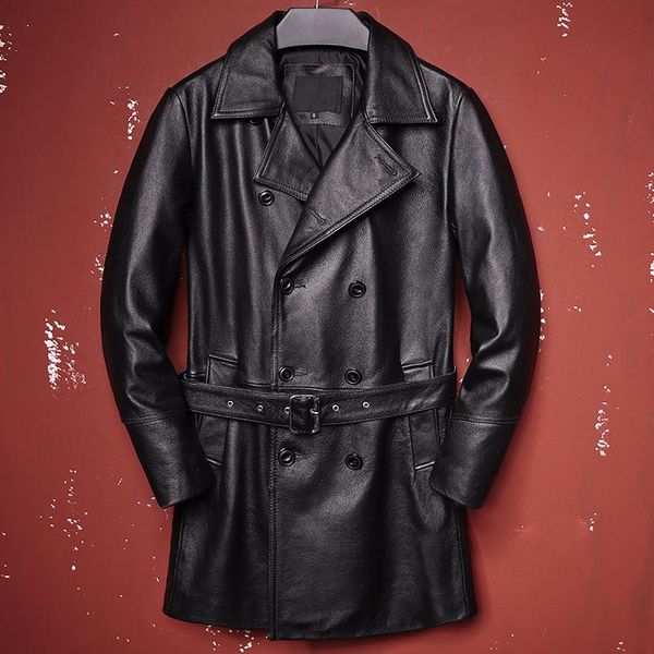 men's leather & faux 2021 autumn belt business genuine coat double breasted trench style natural cowhide clothes, Black
men's leather & faux 2021 autumn belt business genuine coat double breasted trench style natural cowhide clothes, Black