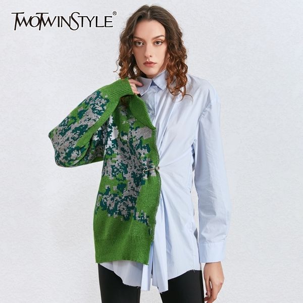 twotwinstyle patchwork hit color kitting shirts female lapel collar long sleeve high waist tunic irregular blouses women fashion 210308, White
twotwinstyle patchwork hit color kitting shirts female lapel collar long sleeve high waist tunic irregular blouses women fashion 210308, White