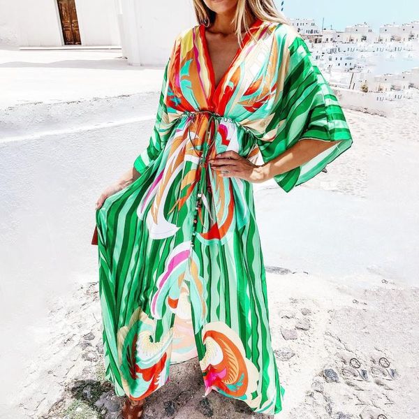 party dresses slit waist big swing dress boho v neck short sleeve women print bandage half maxi robe longue 40#, White;black
party dresses slit waist big swing dress boho v neck short sleeve women print bandage half maxi robe longue 40#, White;black