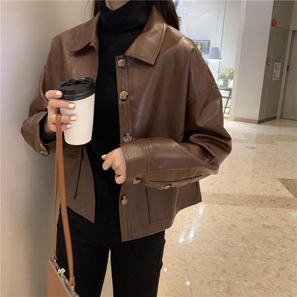 women's jackets retro jacket leather spring 2021 temperament collar single-breasted all-match blouse tide, Black;brown
women's jackets retro jacket leather spring 2021 temperament collar single-breasted all-match blouse tide, Black;brown