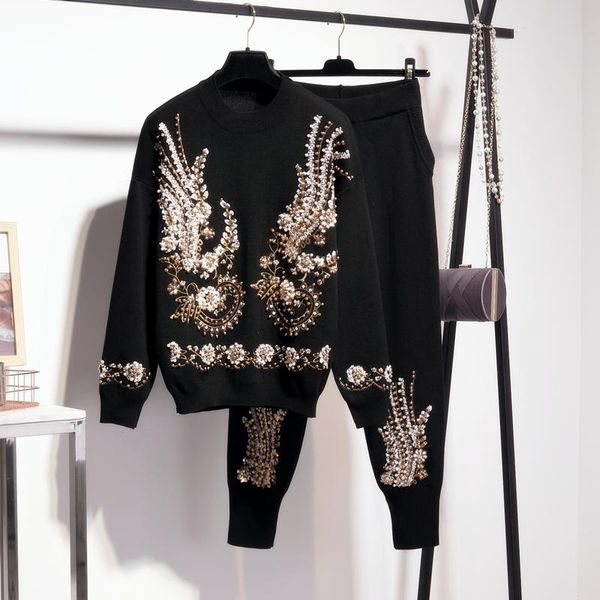 women's two piece pants knit outfits women handwork beading sequins pullover sweater pencil set female loose casual black knitted suit, White
women's two piece pants knit outfits women handwork beading sequins pullover sweater pencil set female loose casual black knitted suit, White