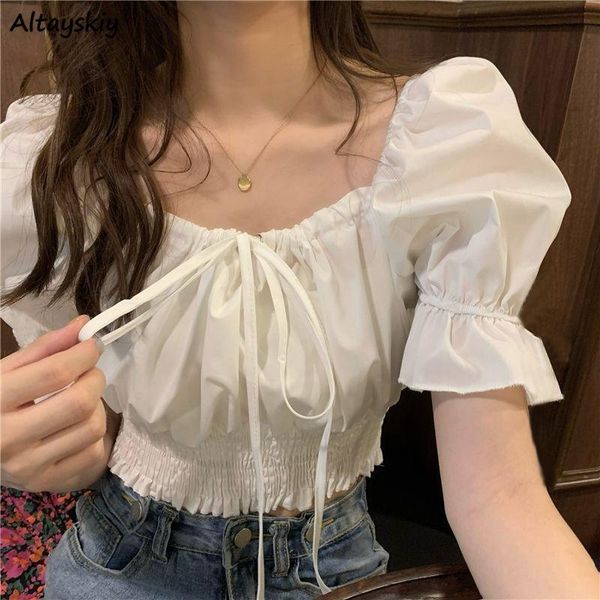 women's blouses & shirts summer sweet slim folds women square collar puff sleeve gentle crop simple girls lace-up blusas mujer tre, White
women's blouses & shirts summer sweet slim folds women square collar puff sleeve gentle crop simple girls lace-up blusas mujer tre, White