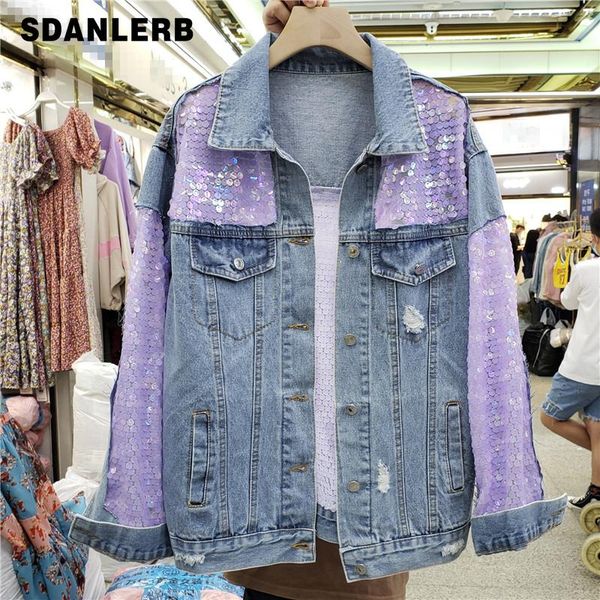 women's jackets fashion brand jean jacket women 2021 spring and summer patch purple sequins cool loose long sleeved jeans coat denim co, Black;brown 
women's jackets fashion brand jean jacket women 2021 spring and summer patch purple sequins cool loose long sleeved jeans coat denim co, Black;brown