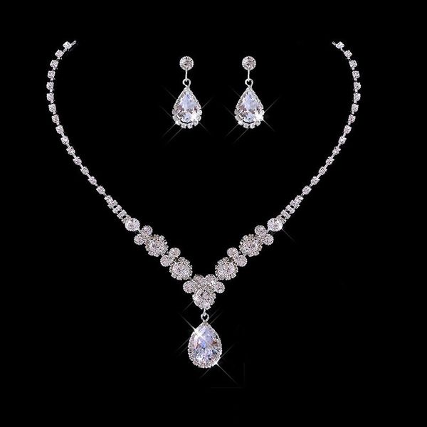 earrings & necklace women's jewelry set glittery zircon dangle wedding bride silvery neck pendant ear decor gift for girls nov99, Silver
