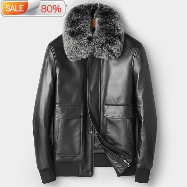 men's leather & faux genuine down jacket fur collar short real sheepskin coat autumn winter jackets leren jas heren a1z1a05, Black
men's leather & faux genuine down jacket fur collar short real sheepskin coat autumn winter jackets leren jas heren a1z1a05, Black