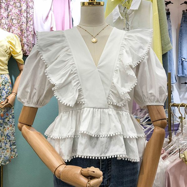 2021 new summer women casual sleeve deep v neck blouses shirts fashion solid color elastic waist ruffled blusas crop gyp3, White;black
2021 new summer women casual sleeve deep v neck blouses shirts fashion solid color elastic waist ruffled blusas crop gyp3, White;black