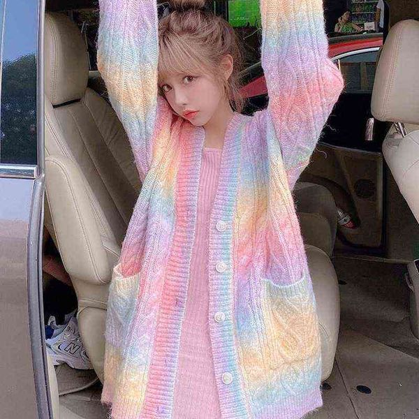 nxy women's sweater rainbow knitted cardigan kawaii korean long coat with buttons autumn and winter 2022 221223, Black;brown
nxy women's sweater rainbow knitted cardigan kawaii korean long coat with buttons autumn and winter 2022 221223, Black;brown