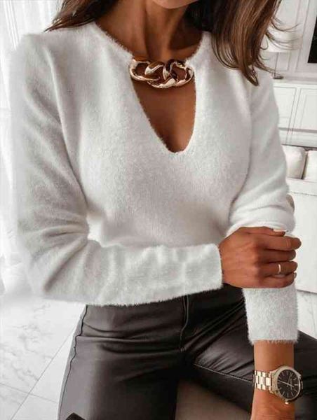 elegant fashion metal chain womens blouses v neck solid black fleece hollow out knitted office lady slim shirt blusa, White
elegant fashion metal chain womens blouses v neck solid black fleece hollow out knitted office lady slim shirt blusa, White