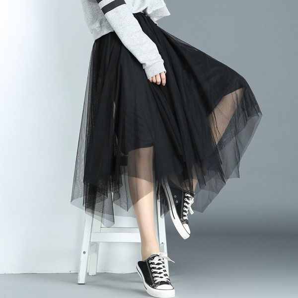 skirts fashion irregular tulle skirt women long maxi 2021 spring summer korean black gray apricot high waist pleated female