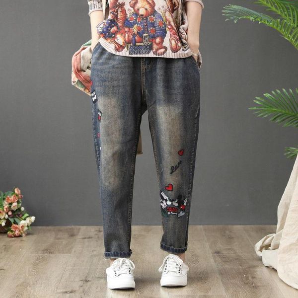 women's jeans spring autumn women 2021 art cartoon embroidered harem pants female patch elastic retro high-waist ladies trousers 598, Blue
women's jeans spring autumn women 2021 art cartoon embroidered harem pants female patch elastic retro high-waist ladies trousers 598, Blue