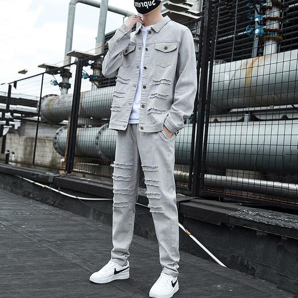 men's tracksuits denim suit men 's spring and autumn korean style youth lapels long sleeve cardigan jacket + trousers, Gray
men's tracksuits denim suit men 's spring and autumn korean style youth lapels long sleeve cardigan jacket + trousers, Gray