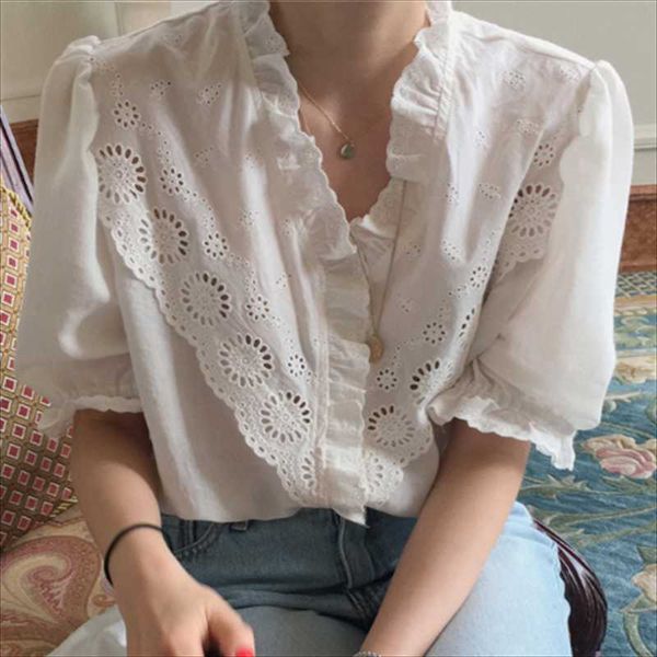 women's blouses & shirts zxqj women 2021 fashion with embroidery ruffled loose dotted vintage v neck short sleeve female chic, White
women's blouses & shirts zxqj women 2021 fashion with embroidery ruffled loose dotted vintage v neck short sleeve female chic, White