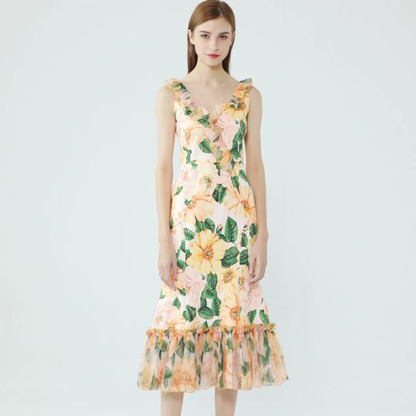 women's runway dresses v neck sleeveless floral printed ruffles fashion high street casual summer dresses, Black
women's runway dresses v neck sleeveless floral printed ruffles fashion high street casual summer dresses, Black