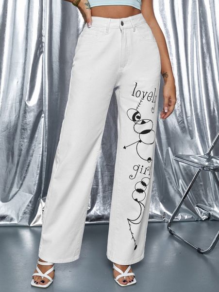 high waisted letter graphic print jeans u4dc#, Blue
